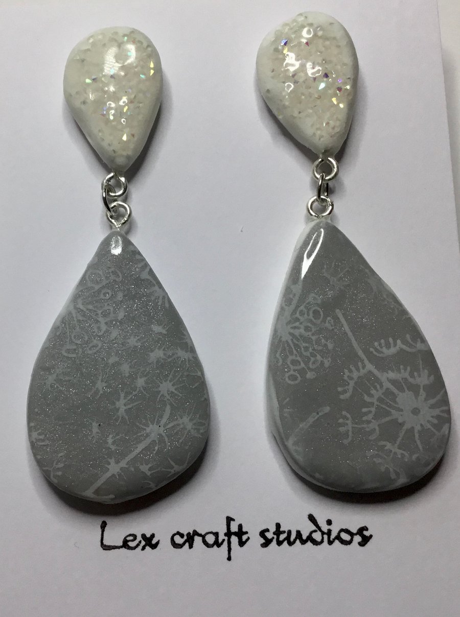 Hand painted white crystal and silver dandelion ceramic earrings 