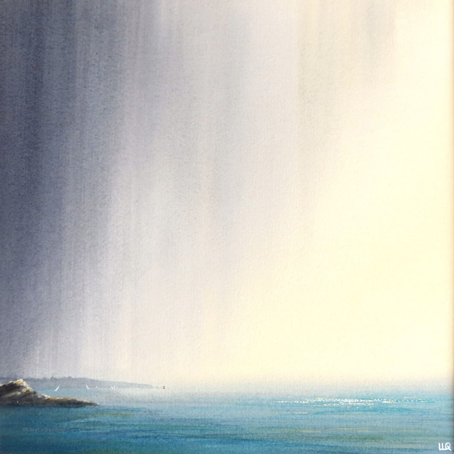 Summer storm passing over OOAK watercolour atmospheric coastal painting