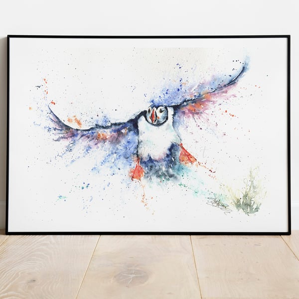 Incoming Puffin, A Ltd Edition Fine Art Print from an Original Watercolour 