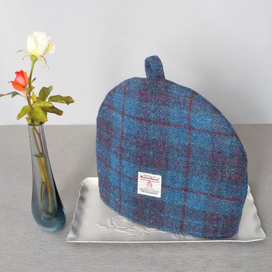 Harris Tweed tea cosy blue and purple tartan fabric teapot cover
