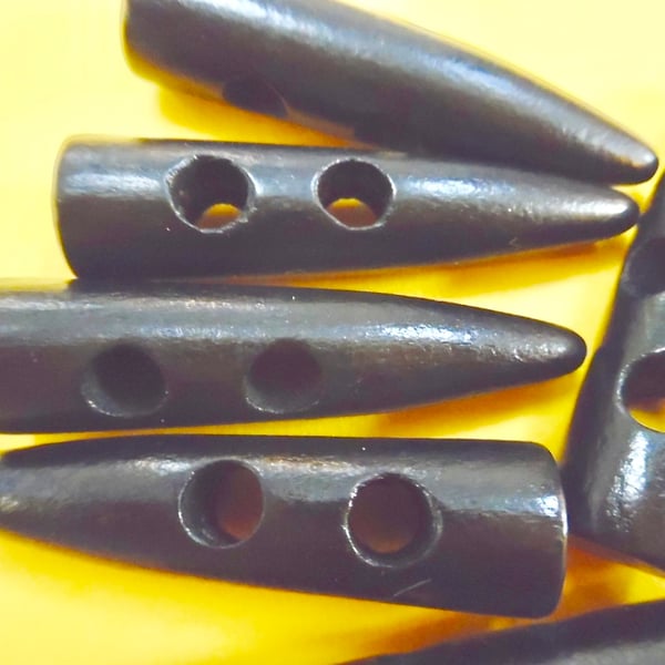 8 Black Toggle Duffle 5cm Wood Buttons  Horn Shape 2 holes
