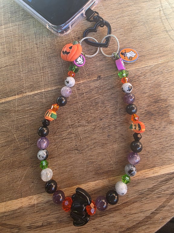 Halloween Crystal Phone Strap with Rainbow Moonstone, Amethyst, Shungite, Golden