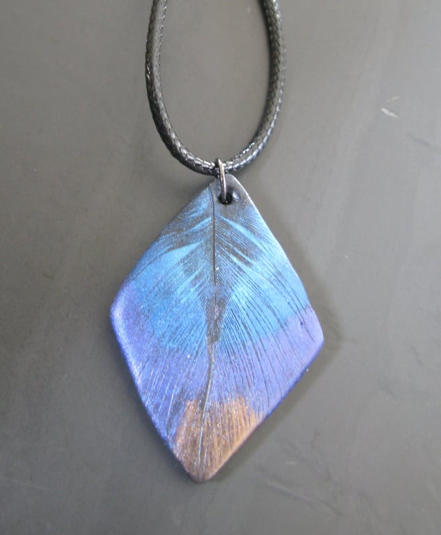 Metallic Electric Blue & Purple Feather Pendant, Diamond Polymer Clay Necklace