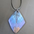 Metallic Electric Blue & Purple Feather Pendant, Diamond Polymer Clay Necklace