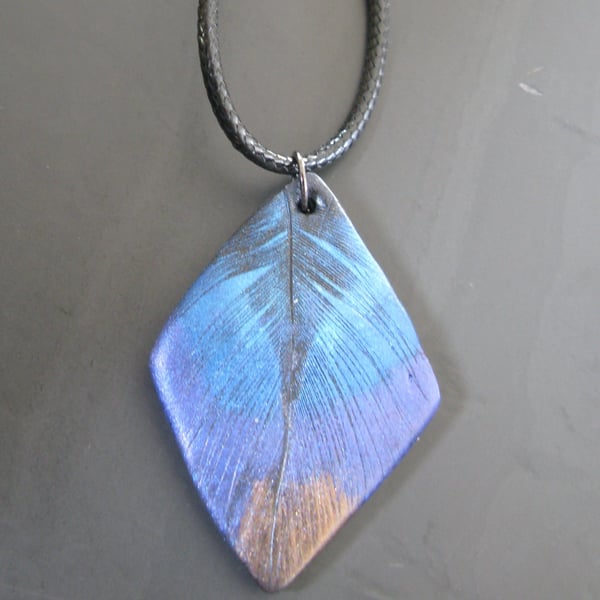 Metallic Electric Blue & Purple Feather Pendant, Diamond Polymer Clay Necklace