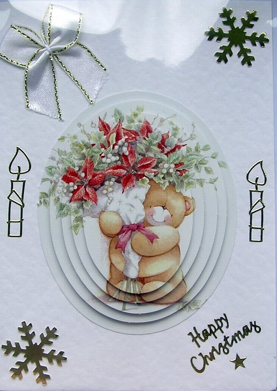 Hand Crafted Decoupage Chistmas Card - Happy Christmas (2298) - Teddy Bear