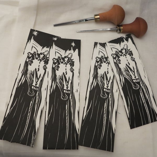 Mari Lwyd lino printed bookmark