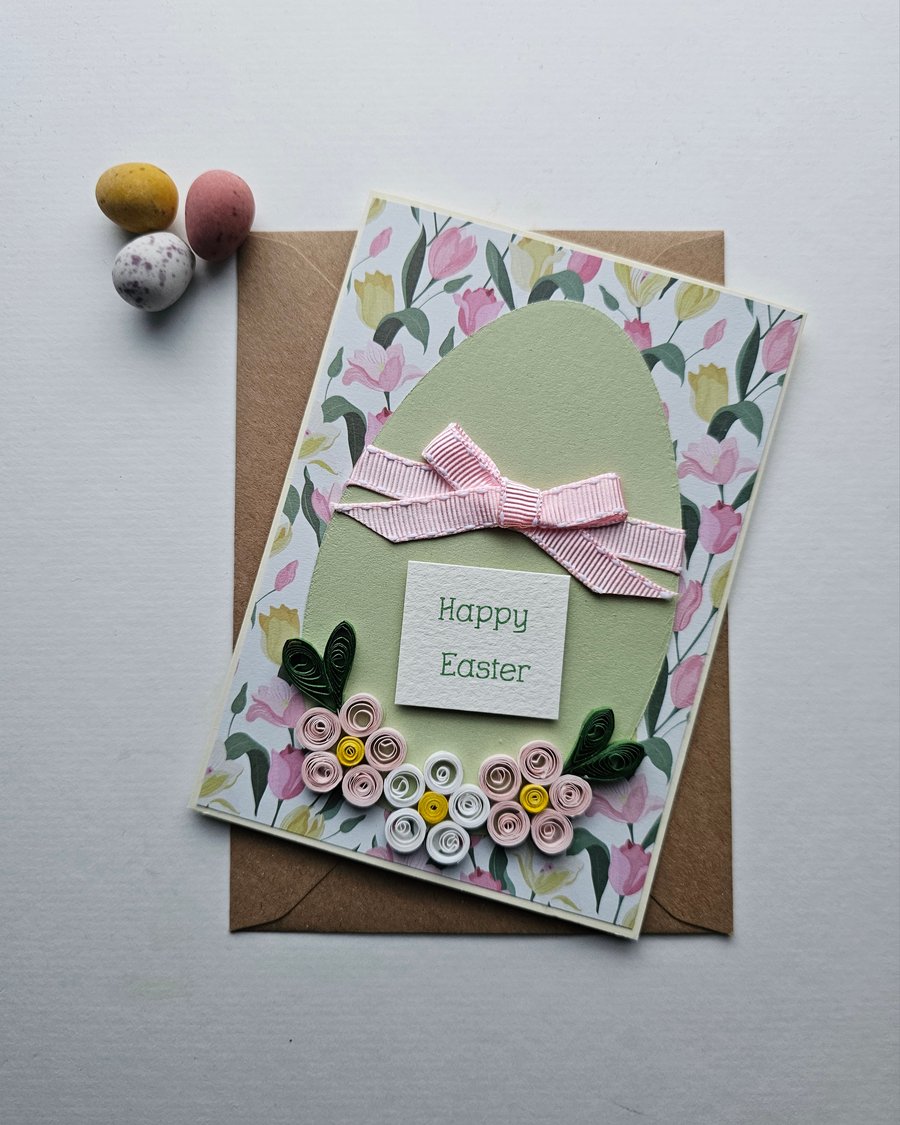 Easter Egg Pale Pink Quilled Flowers Card Size 6" x 4" Happy Easter