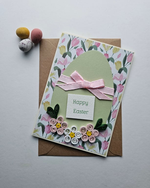 Easter Egg Pale Pink Quilled Flowers Card Size 6" x 4" Happy Easter