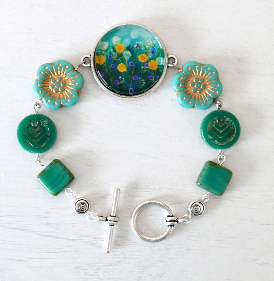 Teal Flowers Bracelet with Meadow Art Print and Floral Czech Glass Beads