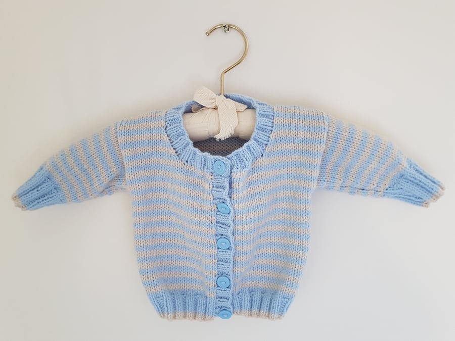  Hand Knitted Blue and Cream Stripe Baby Cardigan 18"