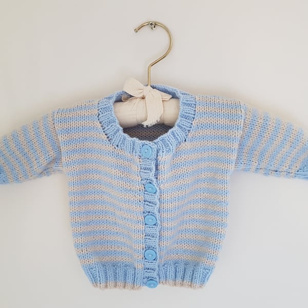  Hand Knitted Blue and Cream Stripe Baby Cardigan 18"