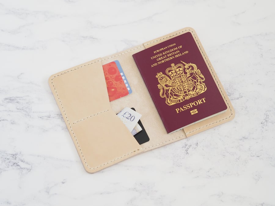 Leather Passport Holder, Travel Card Sleeve Cream