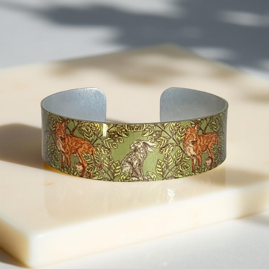 Fox hare cuff bracelet, sage green metal bangle with woodland animals (76)