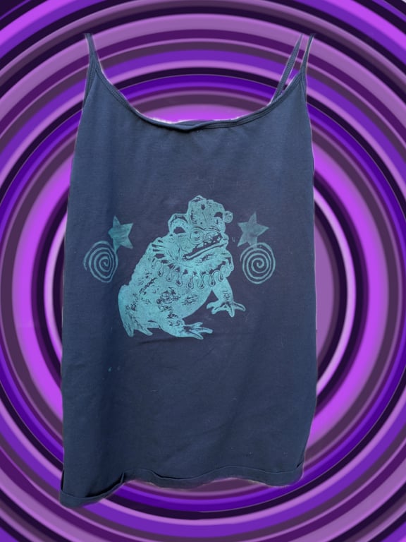 upcycled lino print jester toad vest top sized extra large