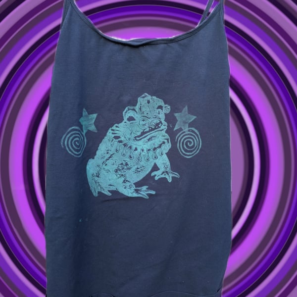 upcycled lino print jester toad vest top sized extra large