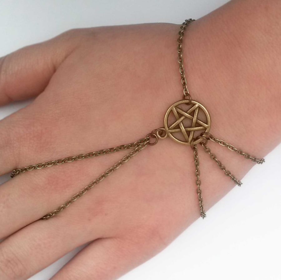 Pentacle Bracelet Bronze Hand Chain Bracelet Wicca Pagan New Age