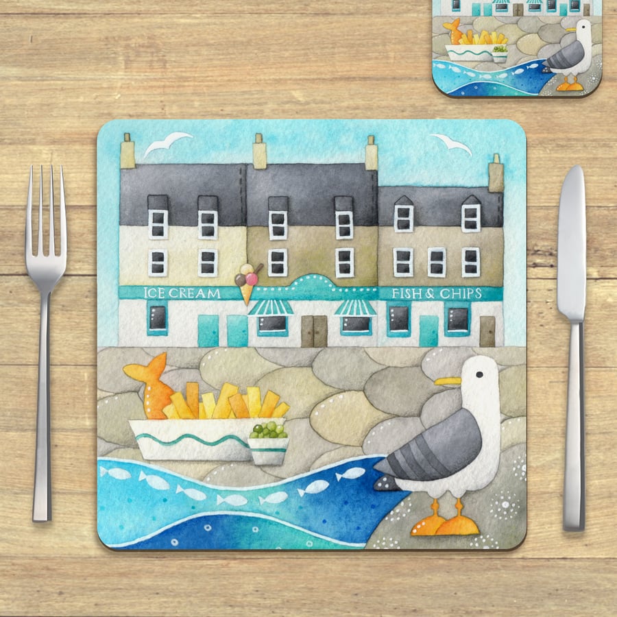 Placemat - Seagull and Fish and Chips, East Neuk. Seaside Coastal Table Mats.