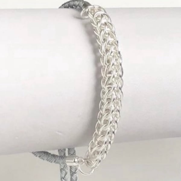 Unisex Sterling Silver Woven Slider Chainmaille Bracelet 