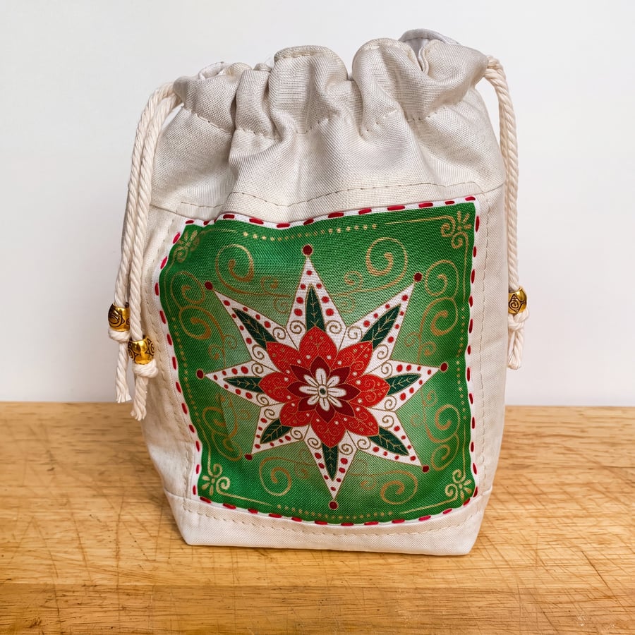 Double Sided Fabric Christmas Gift Bag – Star and Bauble Motif 