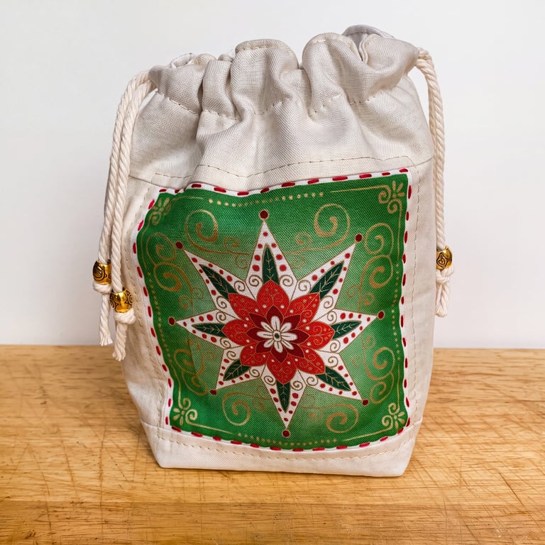 Double Sided Fabric Christmas Gift Bag – Star and Bauble Motif 