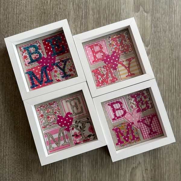 Be My Love Framed Textile Art. Free Motion Embroidery. Fabric Appliqués. 