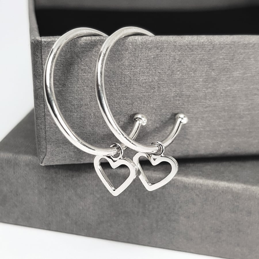 Silver Hoops with Hearts, Sterling Silver Hoop Earrings, Heart Earrings