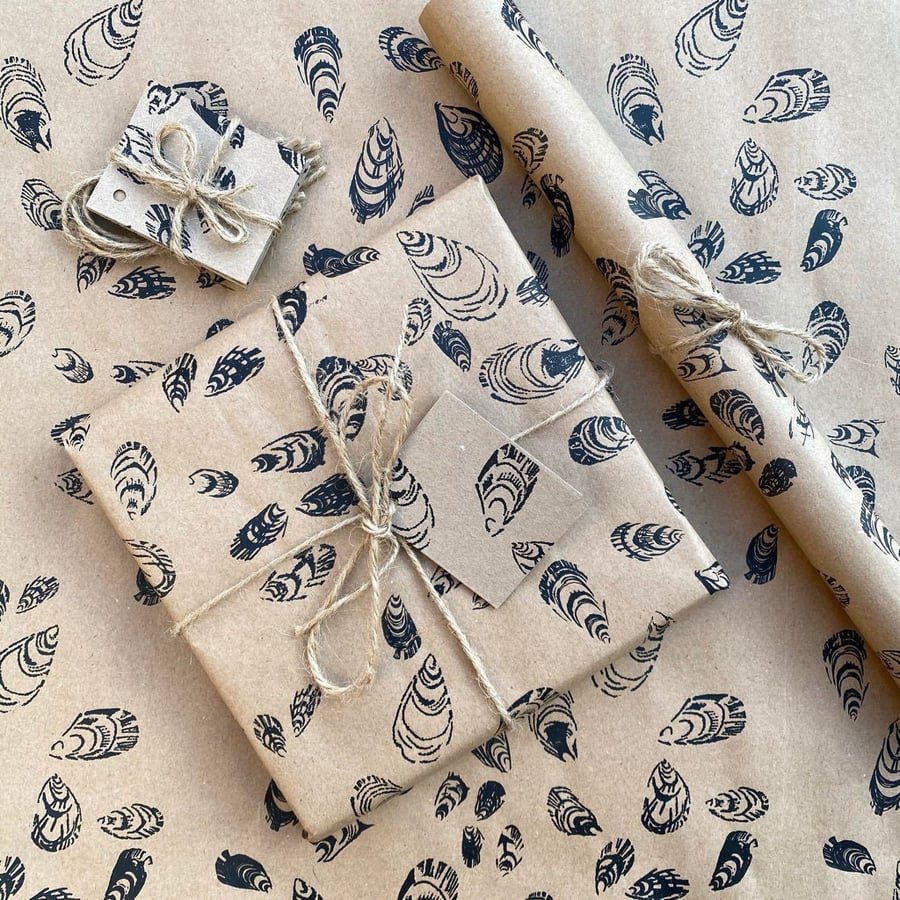 Seashell wrapping paper. Hand Printed on 100% recycled Wrapping Paper. Gift Wrap