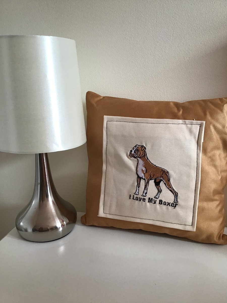 Boxer dog embroidered cushion.