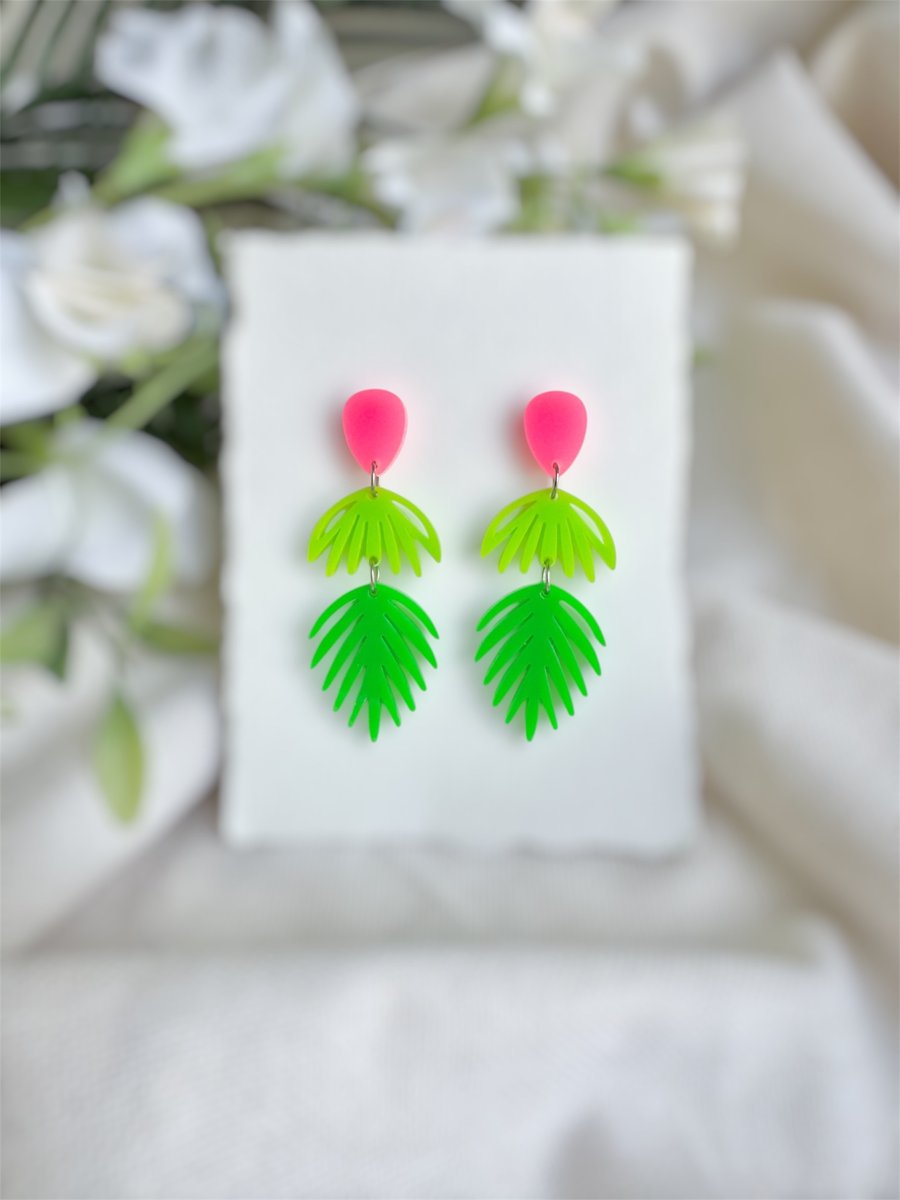 Neon Pink and Green Palm Earrings - Acrylic Tropical Dangles