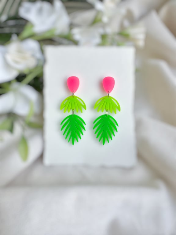 Neon Pink and Green Palm Earrings - Acrylic Tropical Dangles