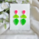 Neon Pink and Green Palm Earrings - Acrylic Tropical Dangles