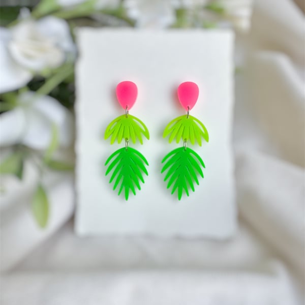 Neon Pink and Green Palm Earrings - Acrylic Tropical Dangles