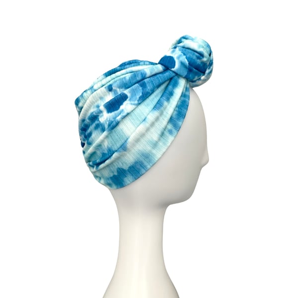 Blue and White Tie Dye Full Head Turban, Handmade Soft Jersey Hair Loss Turban 