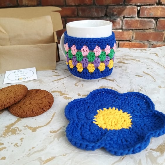 Crochet Mug Cosy & Coaster Set Blue Granny Stripe