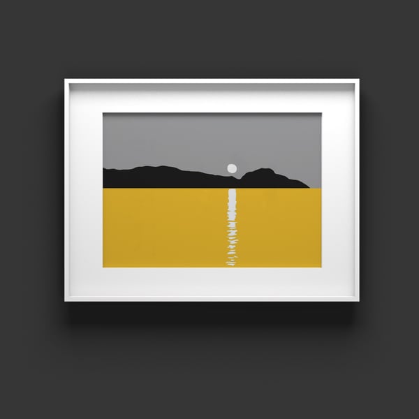 Sunset seascape art, Lake sunset wall art, Grey and yellow abstract sunset art,