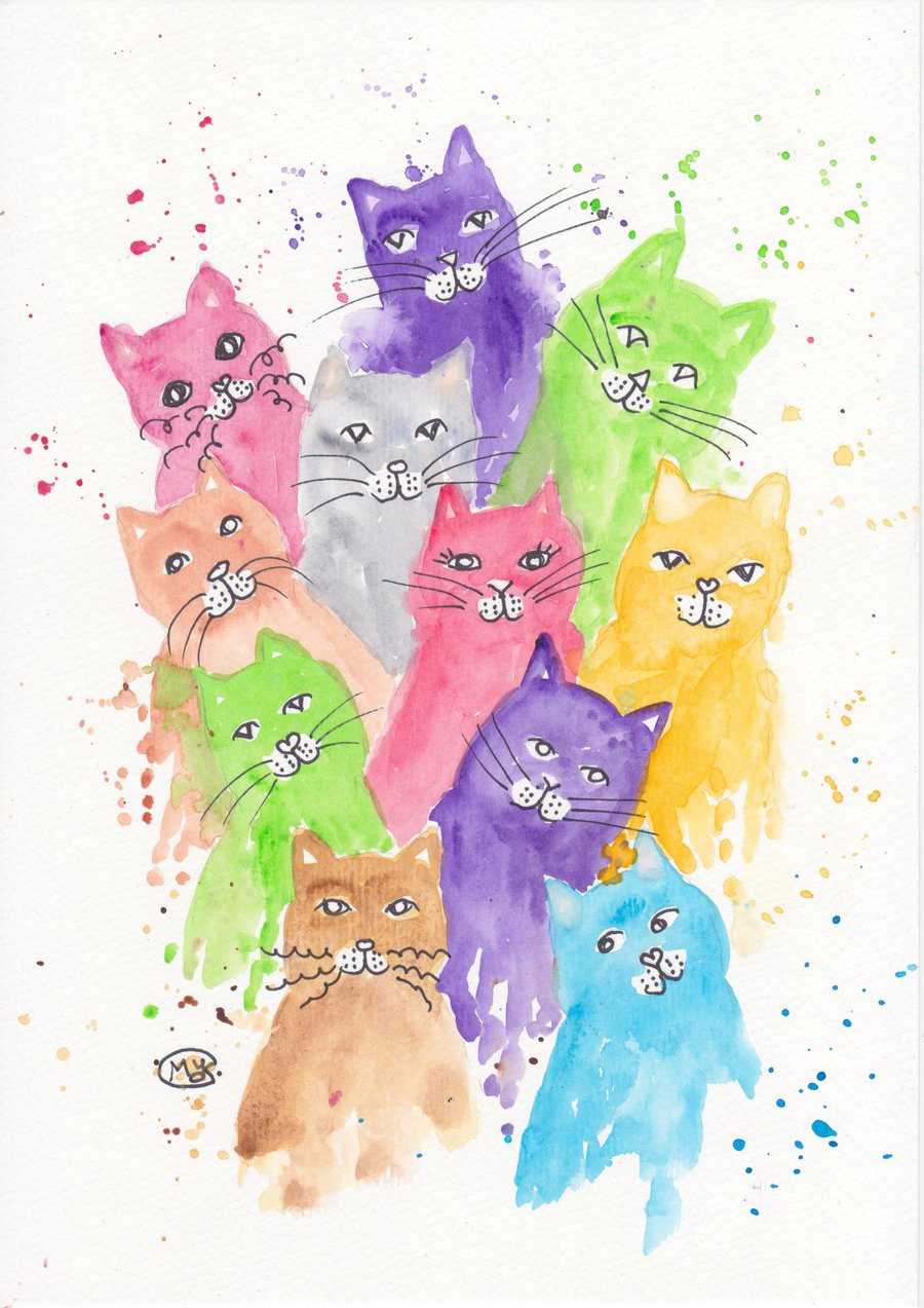 Cats, kittens and kitties, original colourful cat watercolour