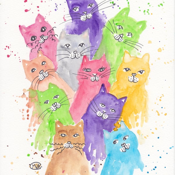 Cats, kittens and kitties, original colourful cat watercolour