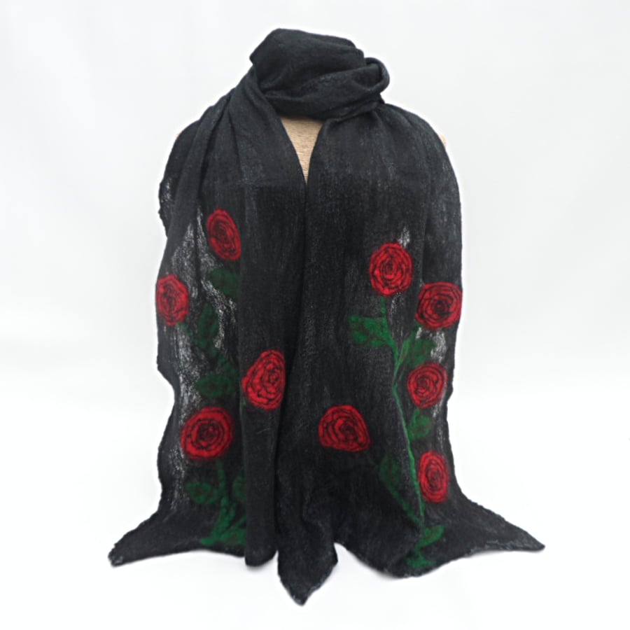 Wool and Cotton Scarf, nuno felted black with rose detail