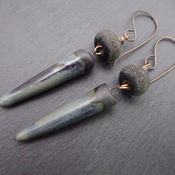 copper, black lampwork glass and ceramic earrings