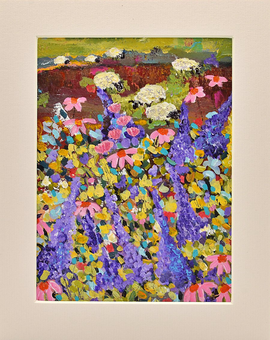 Original Painting of Sheep Grazing in a Meadow (10 x 8 inches)