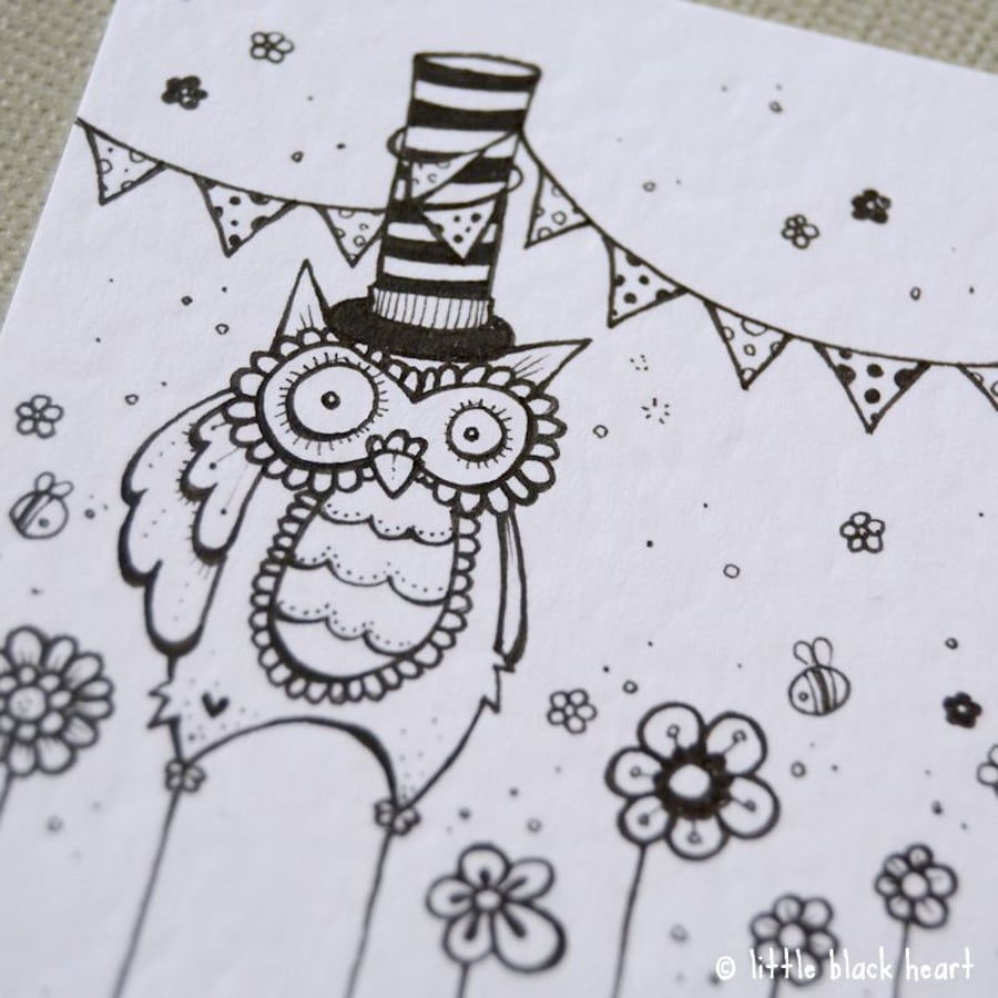 owl in a top hat with bunting - original aceo 