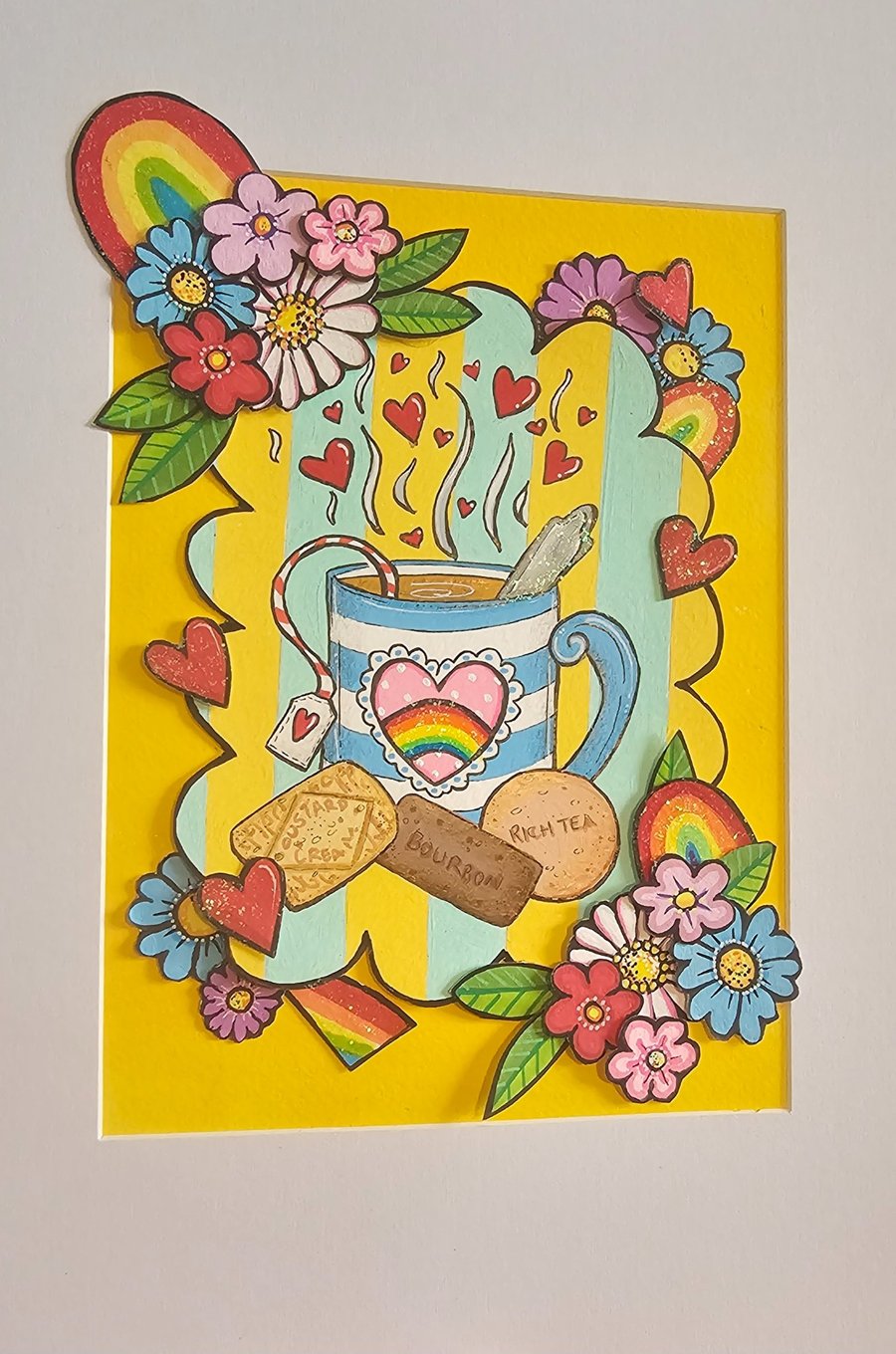 Mug of tea and biscuits layered A4 original art