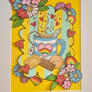 Mug of tea and biscuits layered A4 original art