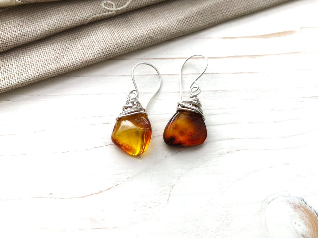 Amber Wire Wrapped Drop Earrings