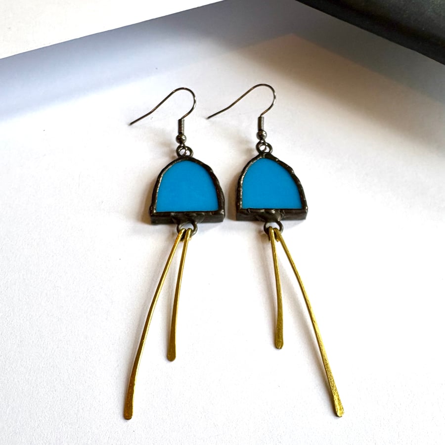 Statement Jewellery, long blue eye-catching stained glass and brass earrings