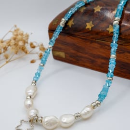 Sterling silver Neon Blue Apatite & freshwater pearl gemstone beaded necklace 