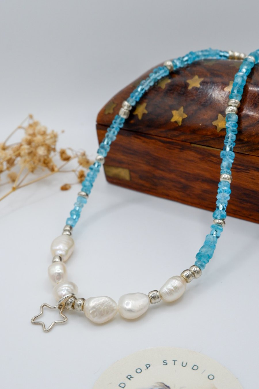 Sterling silver Neon Blue Apatite & freshwater pearl gemstone beaded necklace 