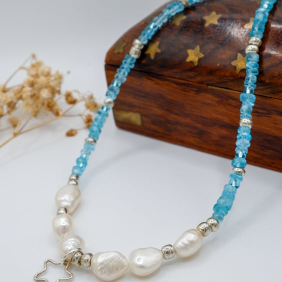 Sterling silver Neon Blue Apatite & freshwater pearl gemstone beaded necklace 