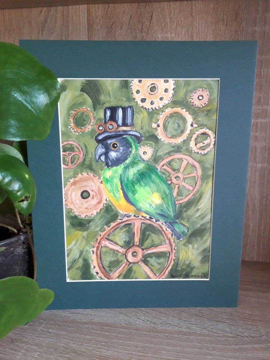 Steampunk style Senegal Parrot original Painting.  